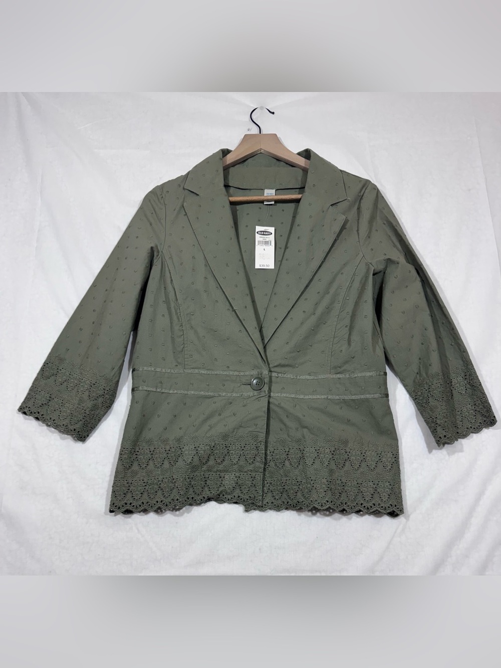 Old Navy Y2K Blazer Jacket L Green Cotton Peplum Hobnail Scalloped Edge